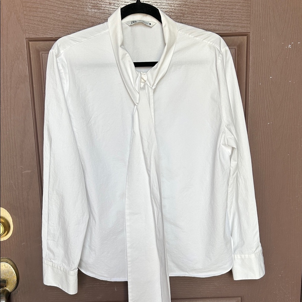 Zara White Long-Sleeve Tie Neck Blouse